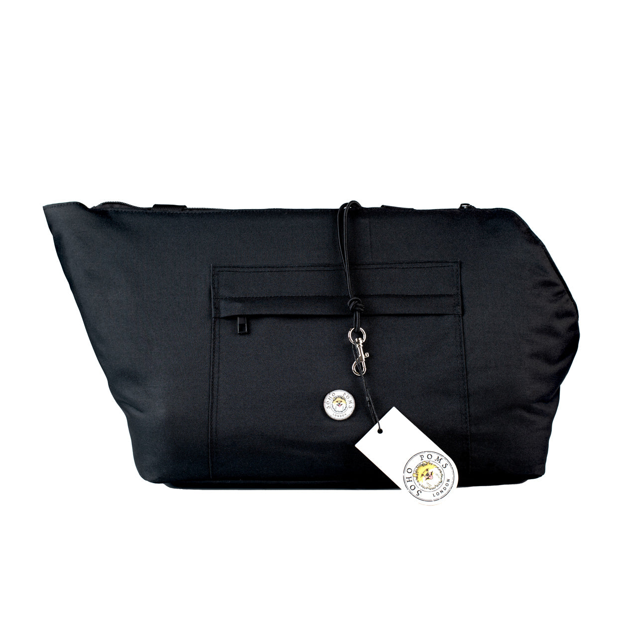 Black pet carrier bag with front pocket, top handle, and hanging brand badge