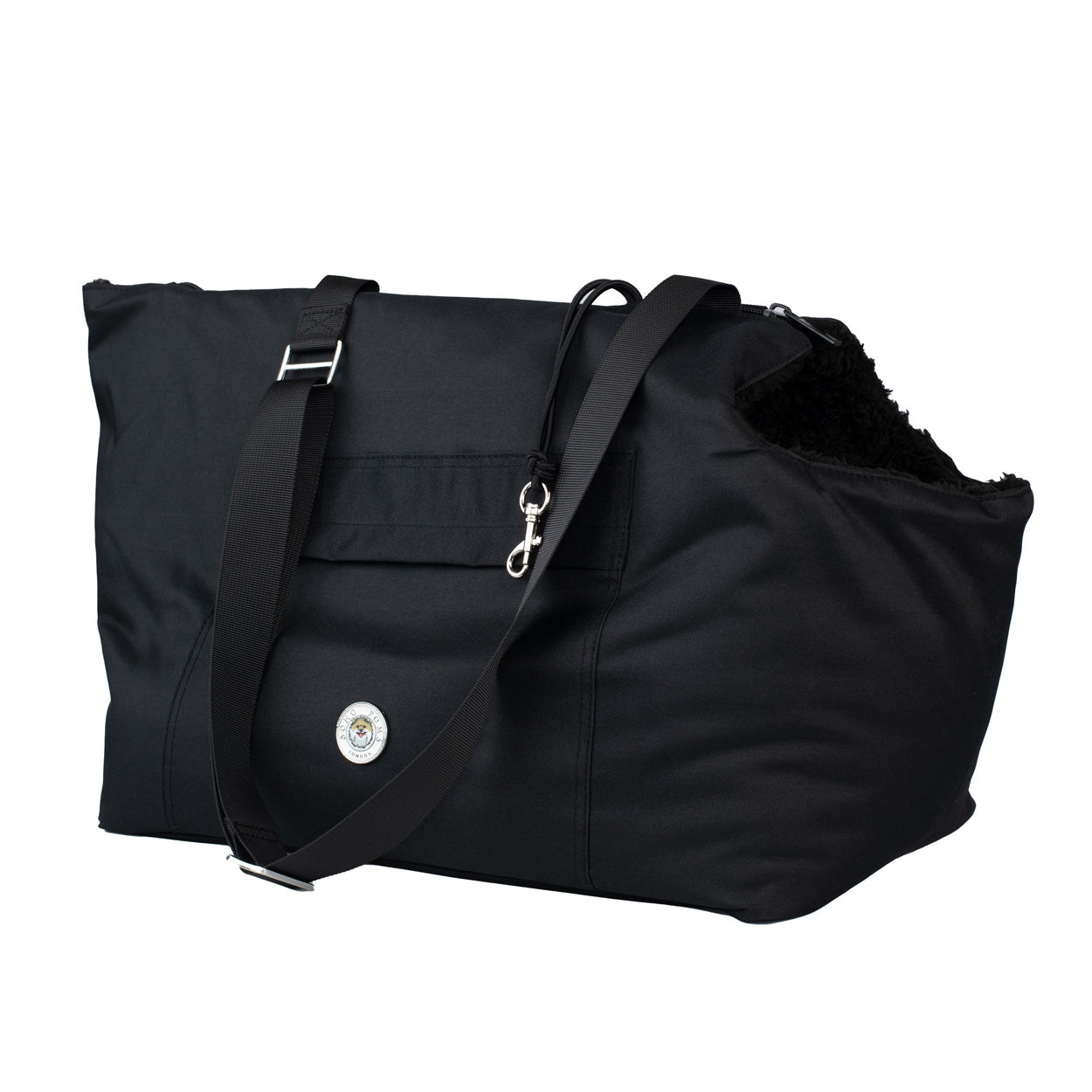 Black fabric pet carrier with front pocket and crossbody shoulder strap