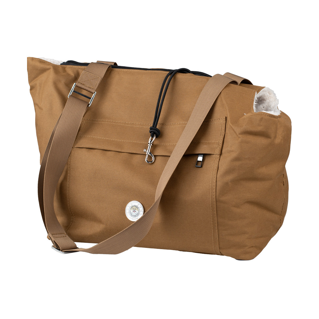 Brown canvas pet carrier bag with shoulder strap, front flap and metal buckles