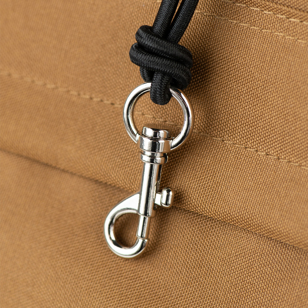 Pet carrier bag with black rope handle and silver swivel clasp hardware