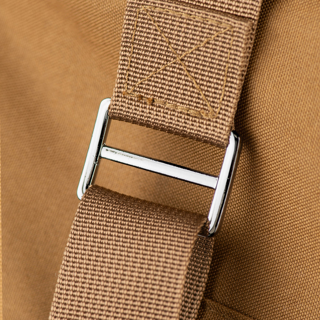Canvas pet carrier strap with white webbing and metal clasp buckle