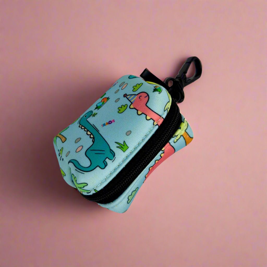 Dinosaur-print poop bag holder pouch, teal and light blue with black zipper and loop