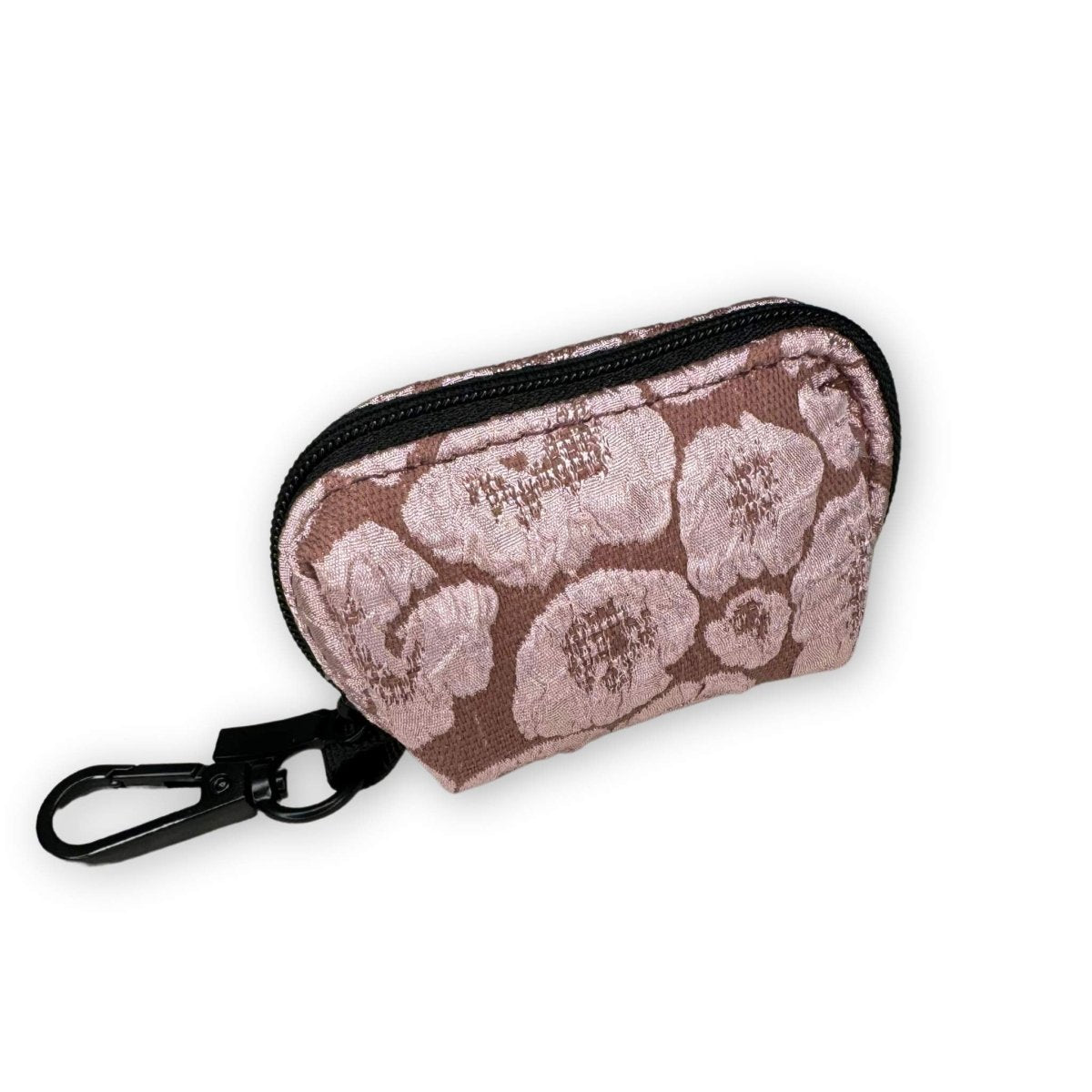 Mocha floral poo bag holder with zipper and black carabiner clip, compact pouch