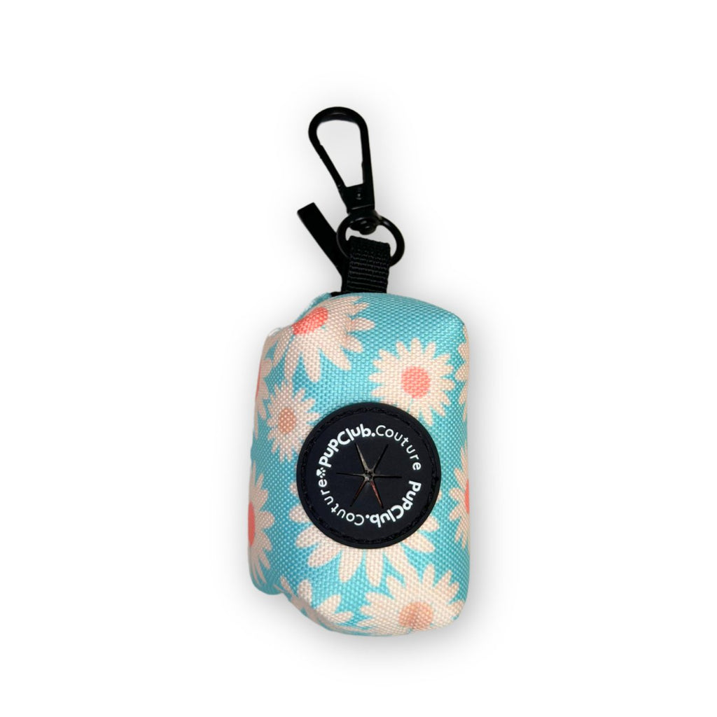 Dog waste bag holder pouch, pastel daisy print, black clip carabiner and strap