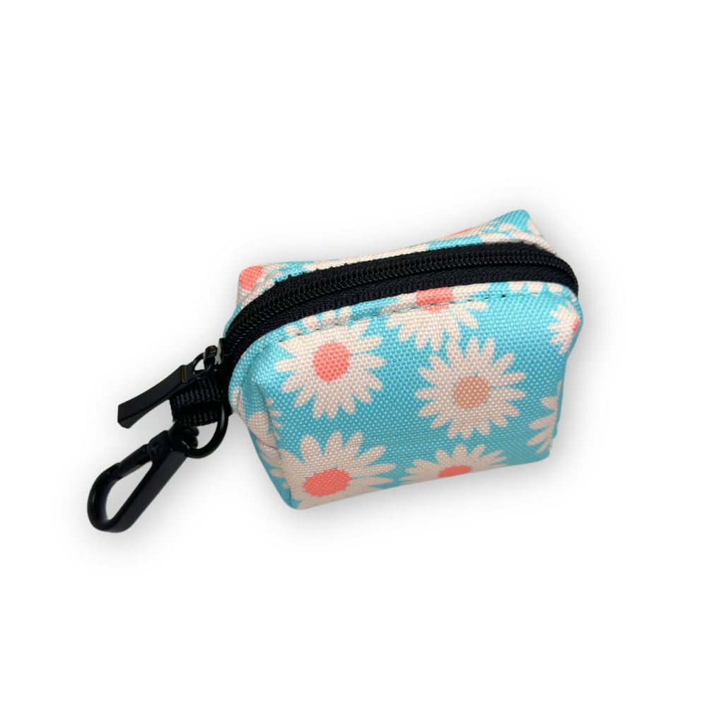 Dog waste bag holder pouch with pastel daisy print, zip top and black clip