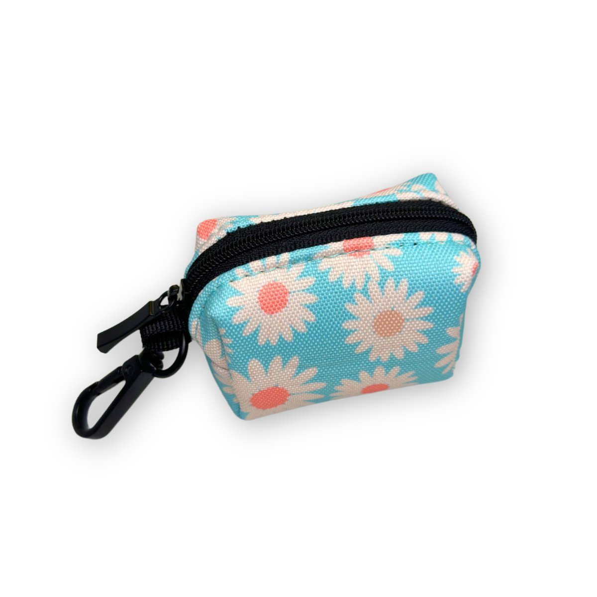 Dog waste bag holder pouch with pastel daisy print, zip top and black clip