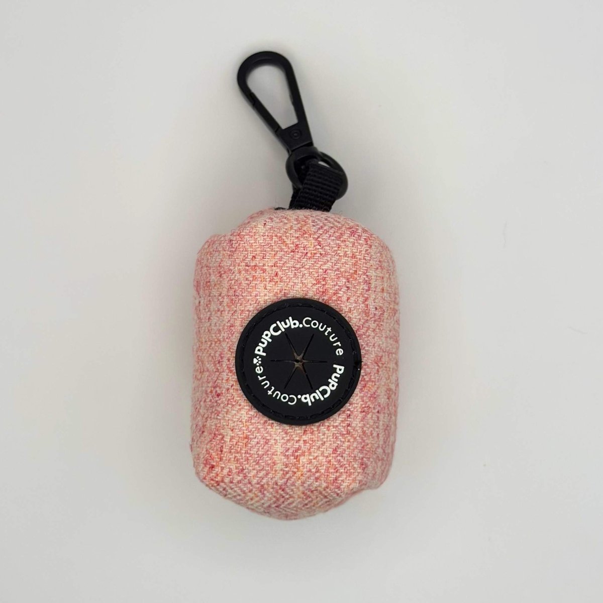 Pink tweed dog poop bag holder with black carabiner clip