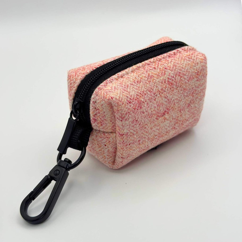 Pink tweed poop bag holder pouch with black clip and carabiner