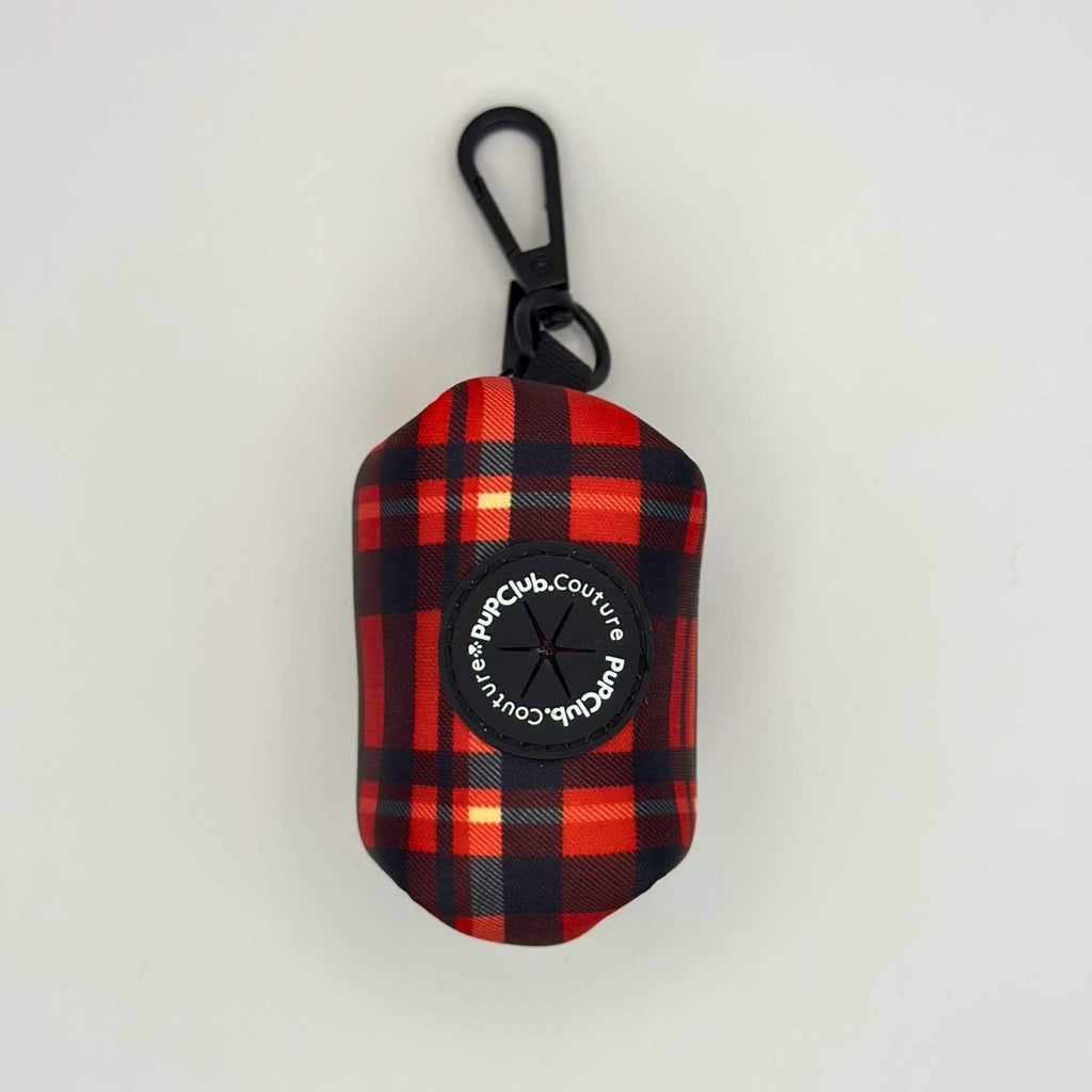 Red tartan poobag holder pouch with black carabiner clip and loop handle