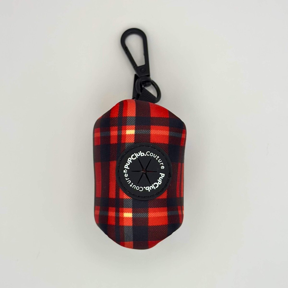 Red tartan poobag holder pouch with black carabiner clip and loop handle