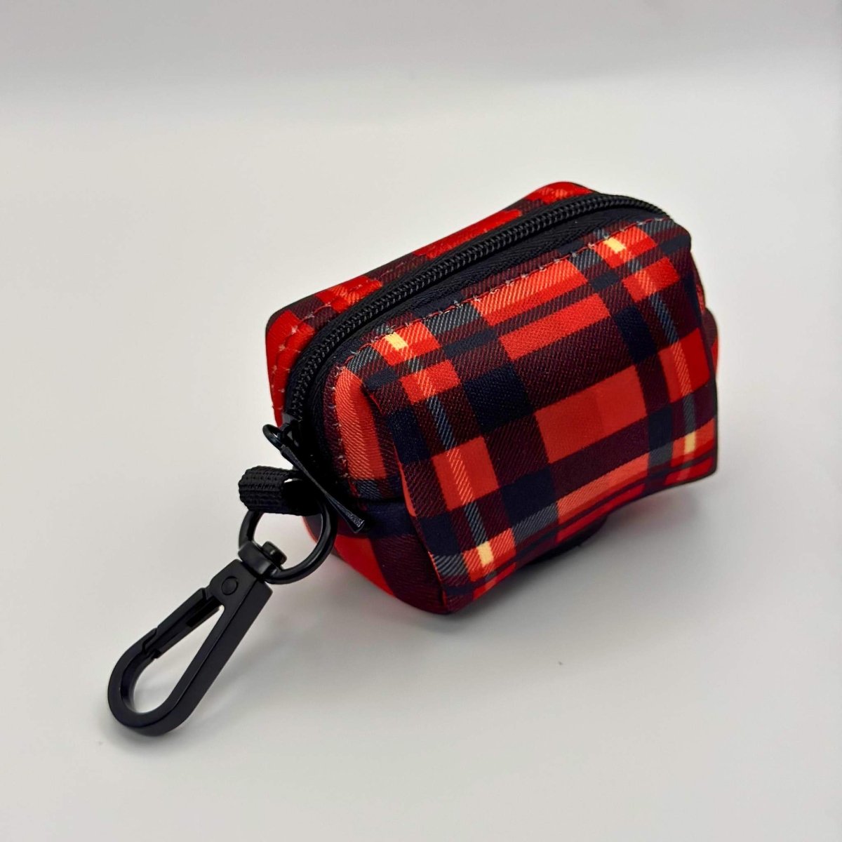 Red tartan zippered poobag holder pouch with black carabiner clasp