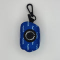 Royal blue dog poop bag holder with black clip and round zippered pouch