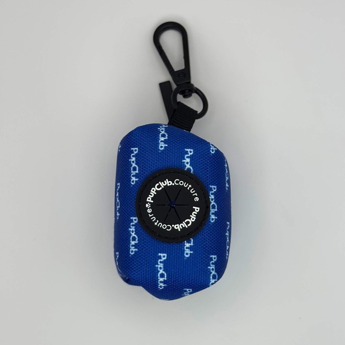 Royal blue dog poop bag holder with black clip and round zippered pouch