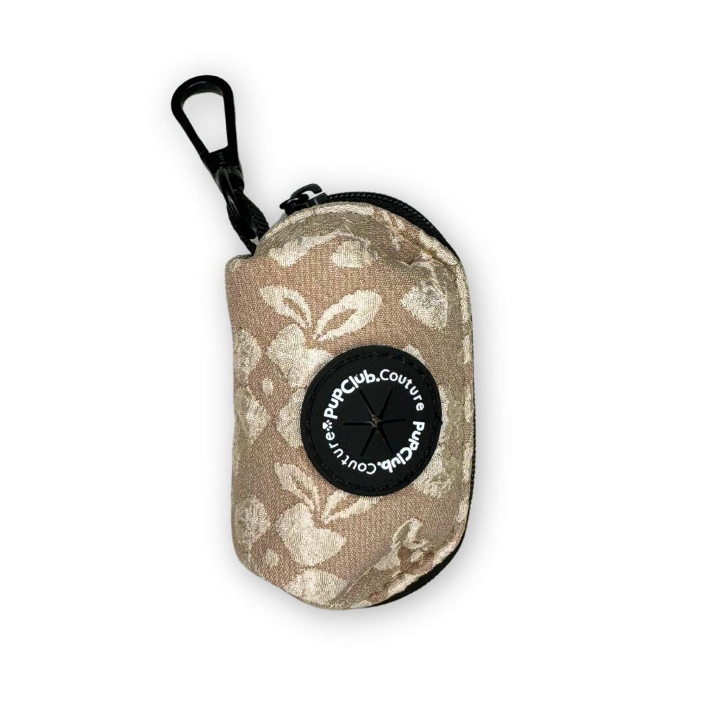 Pet waste bag holder pouch, toffee brown with leaf pattern and black carabiner clip