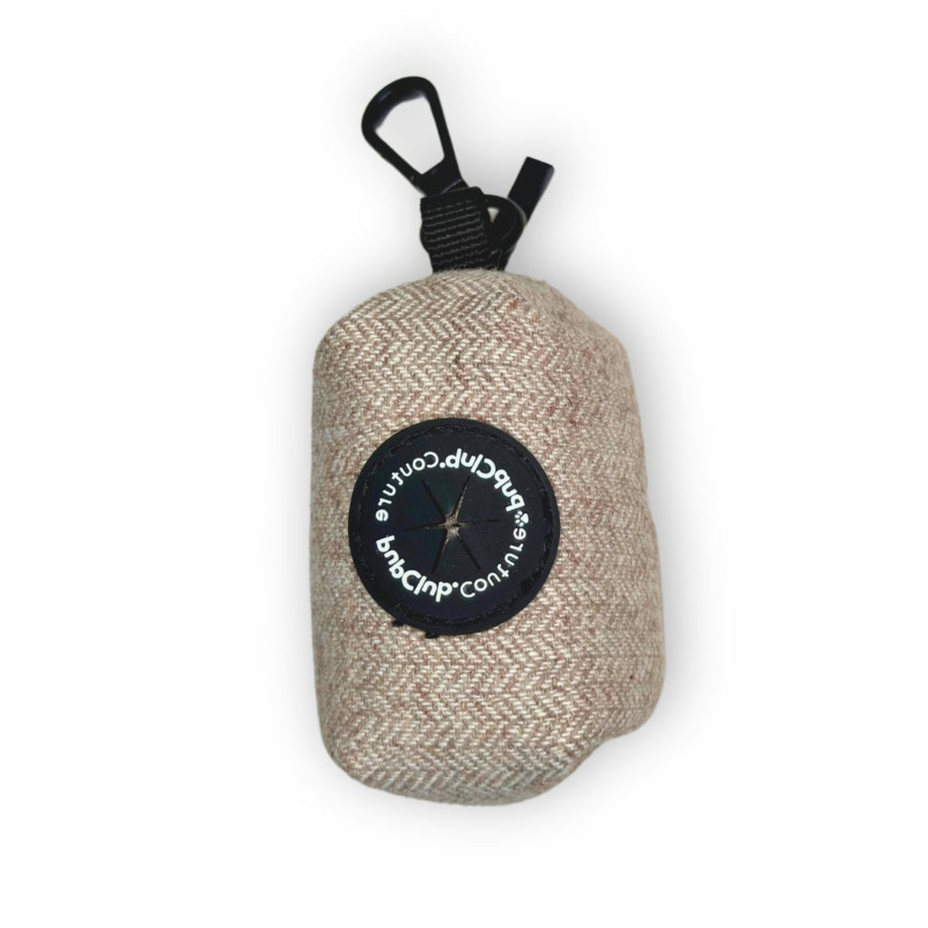 Tweed brown poop bag holder pouch with black strap and carabiner clip