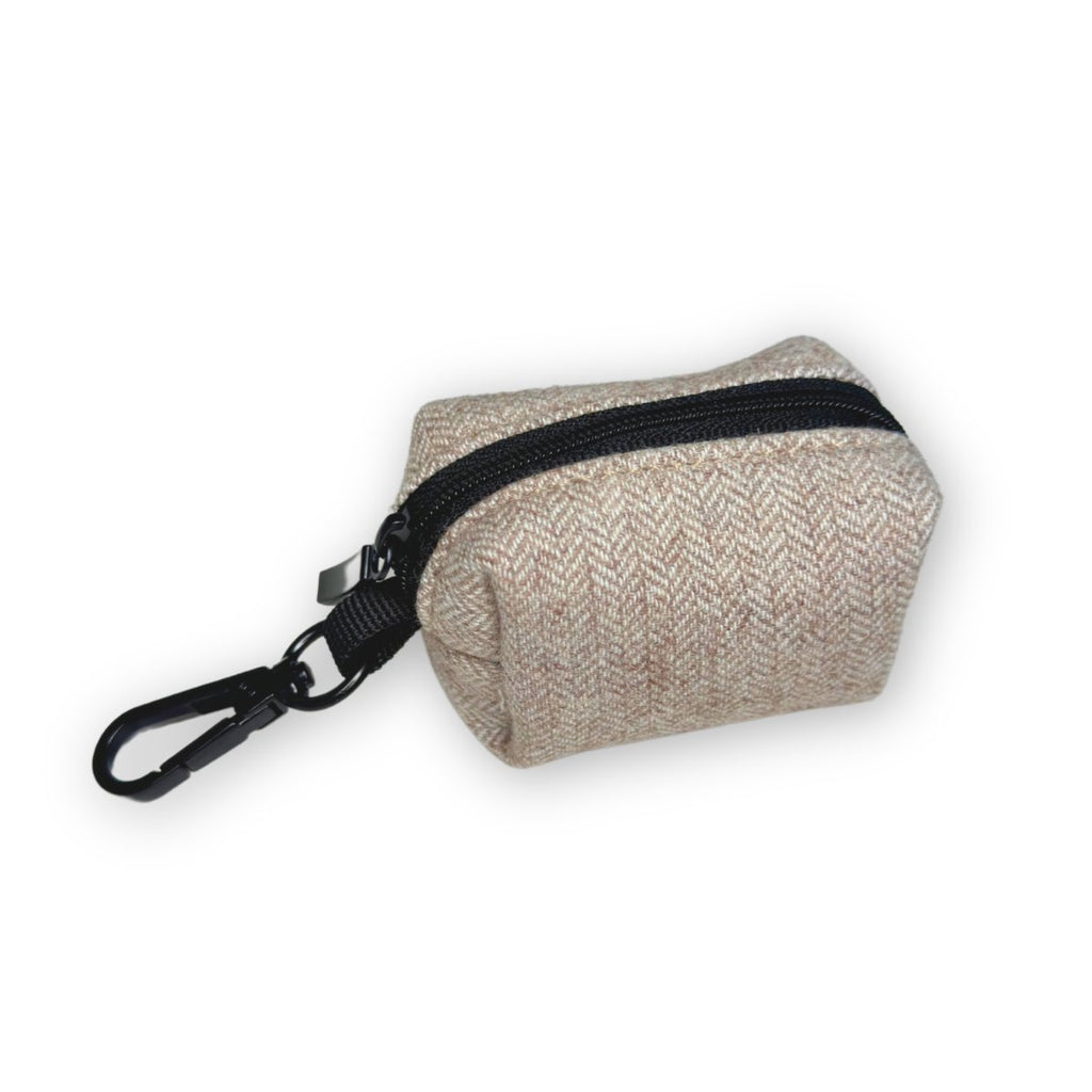 Tweed brown poop bag holder pouch with black zipper top and carabiner clip