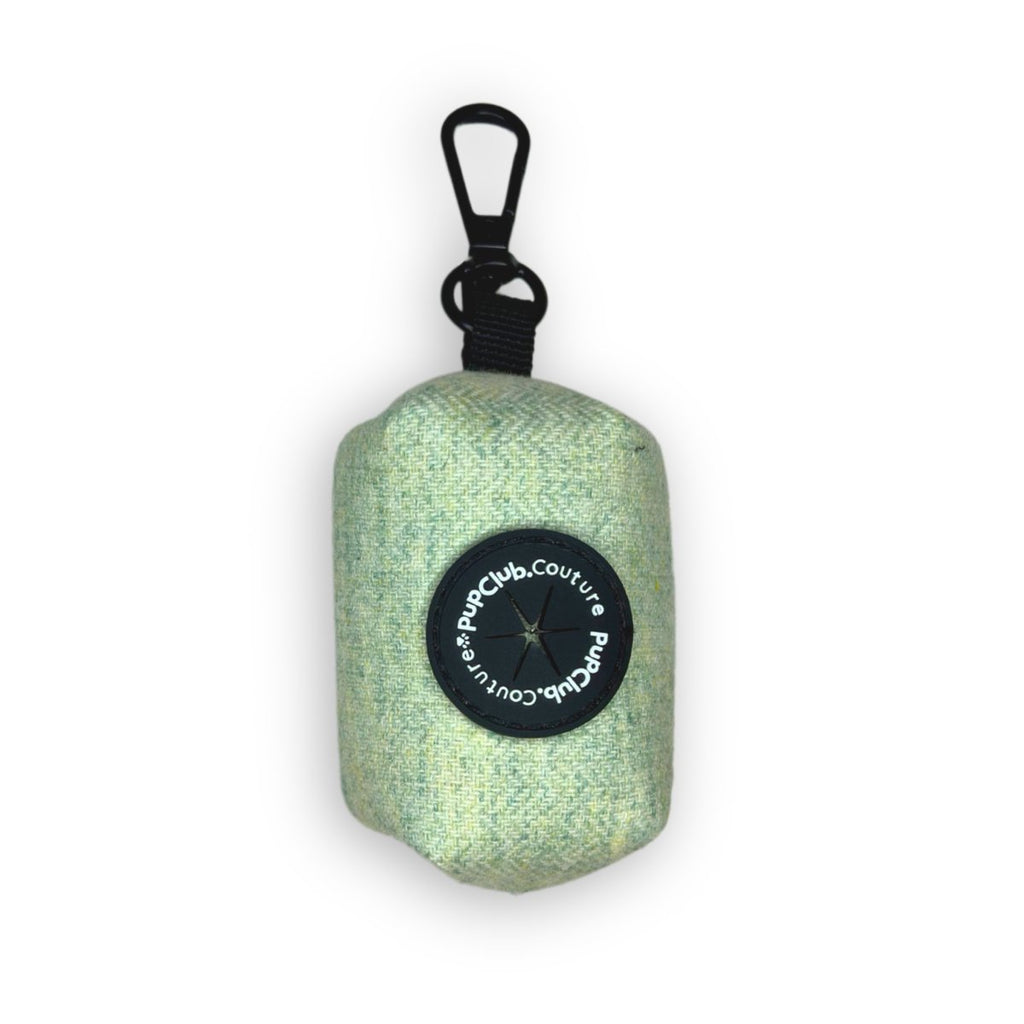 Tweed sage pooh bag holder with black clip and PupClub Couture logo patch