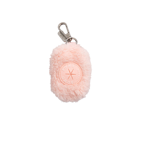 Blush rose faux-fur poo bag pouch with pom-pom style and metal carabiner clip