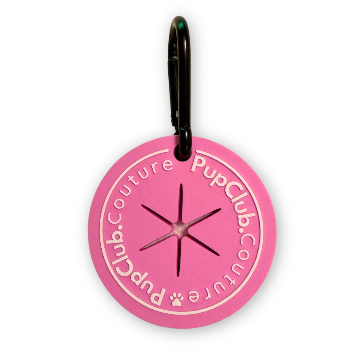 PupClub mauve round poop pocket clip with black carabiner ring