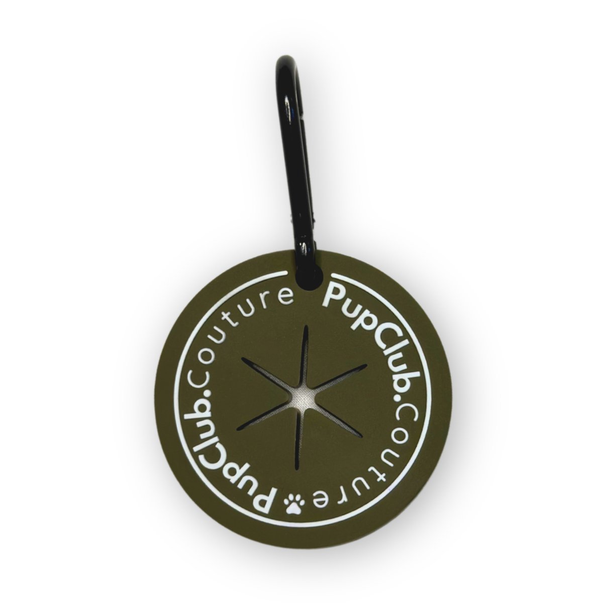 Khaki PupClub Poop Pocket round logo tag with black loop