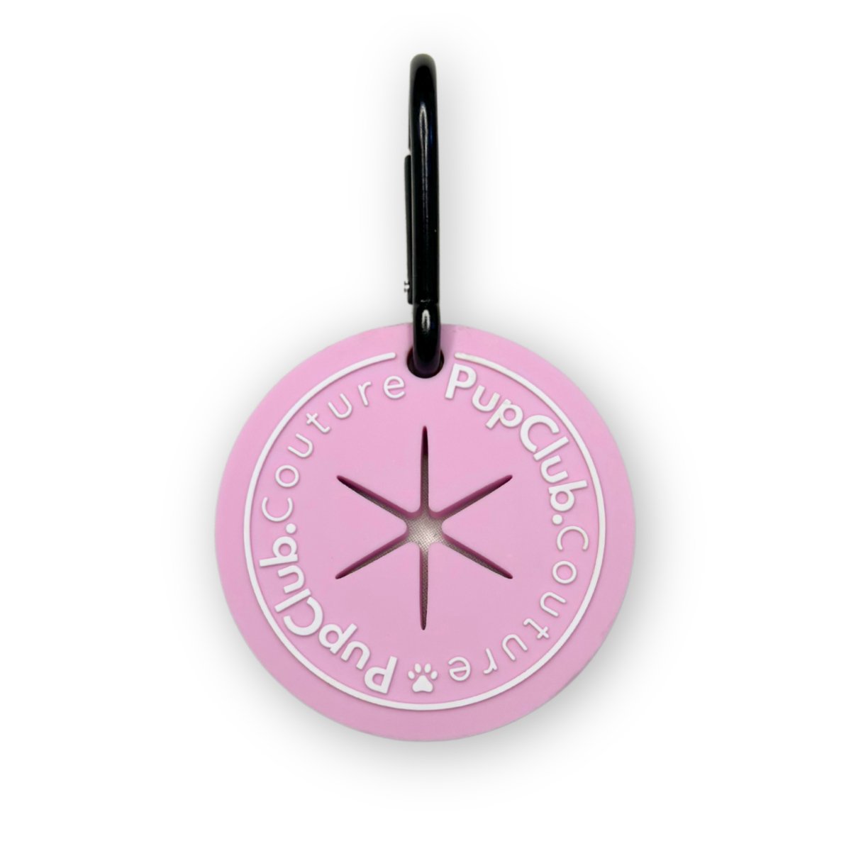 Pastel pink round PupClub poop pocket with black clip