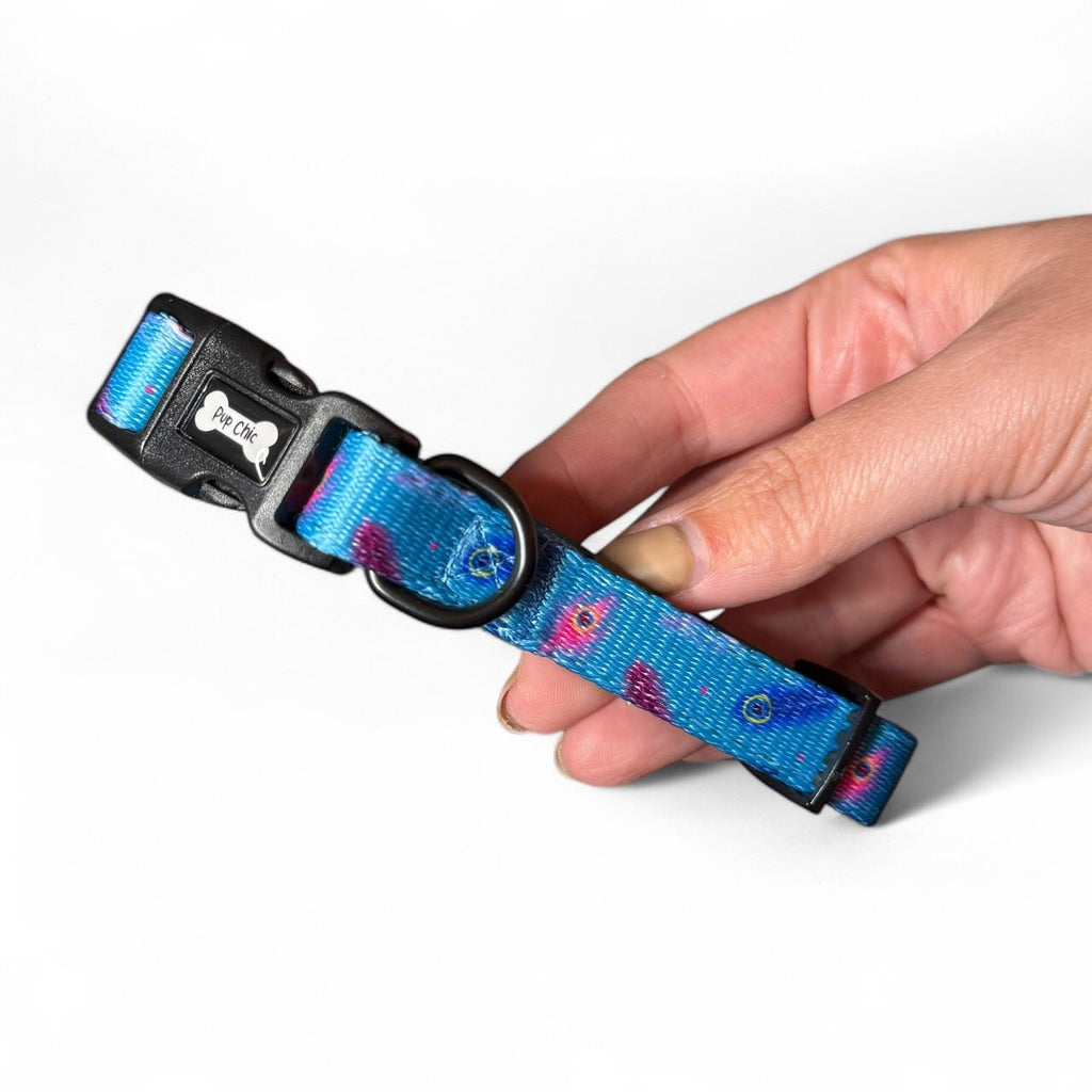 Blue dog collar with pink pattern, black buckle, and oval D-ring; held in hand
