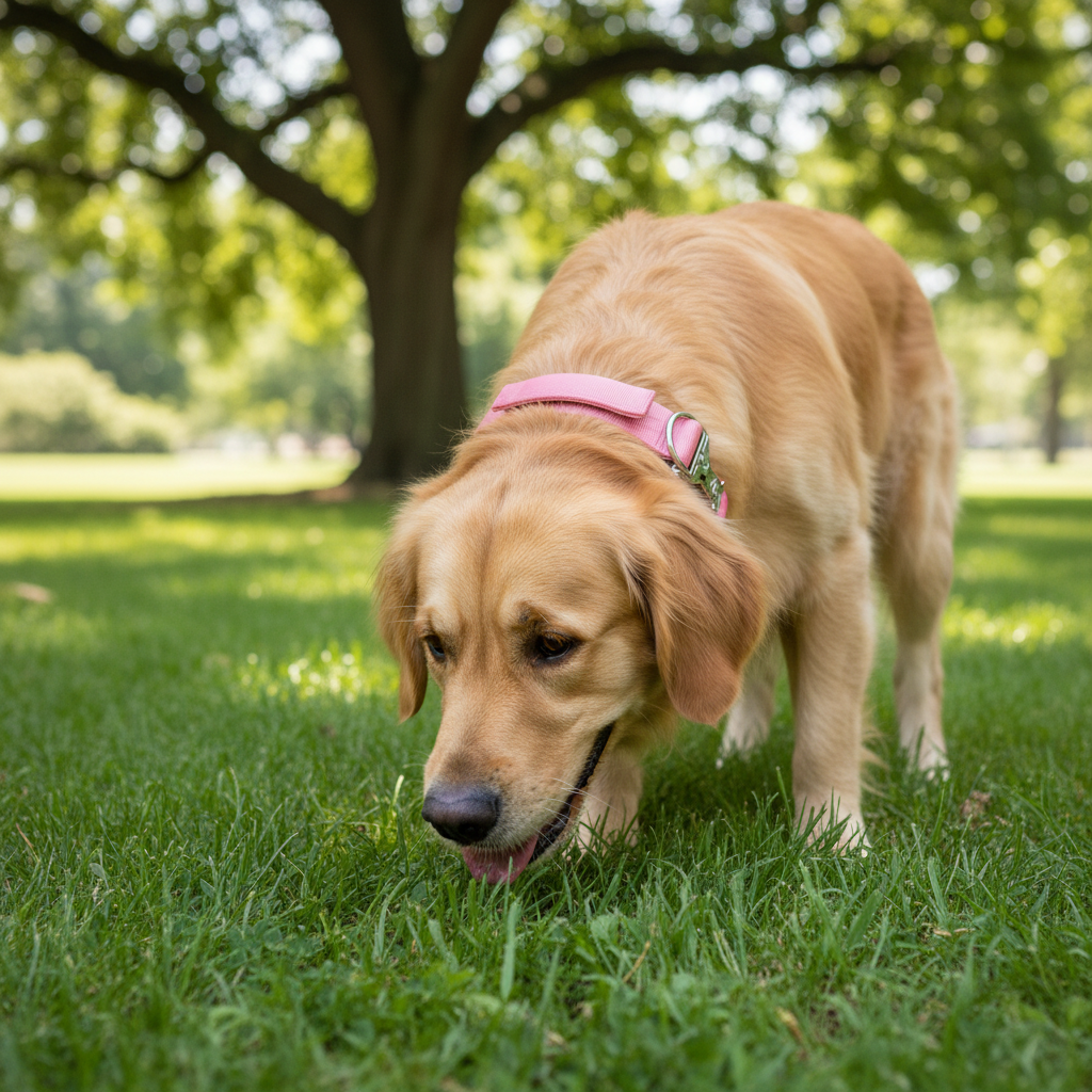 Dog wearing pink collar with handle and metal buckle on front