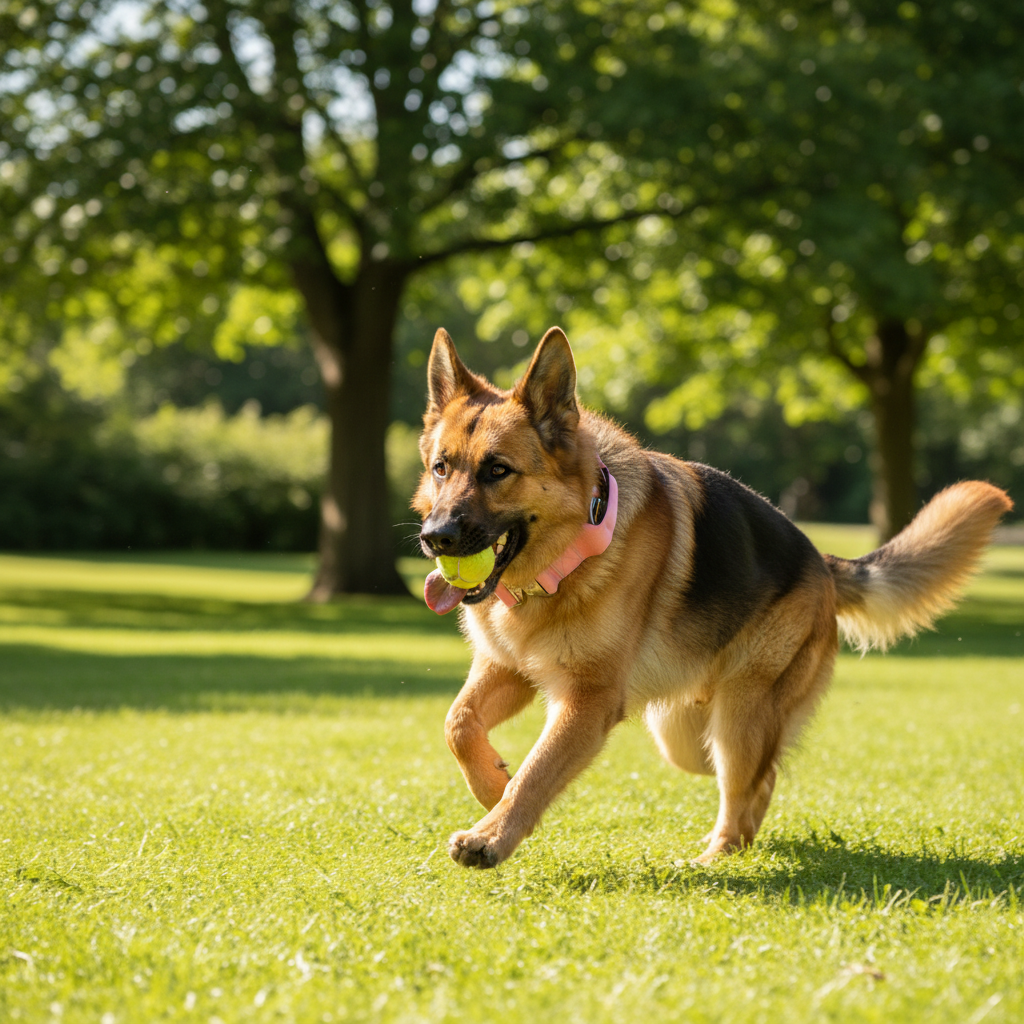 Dog wearing pink tactical collar with handle, D-ring and metal buckle