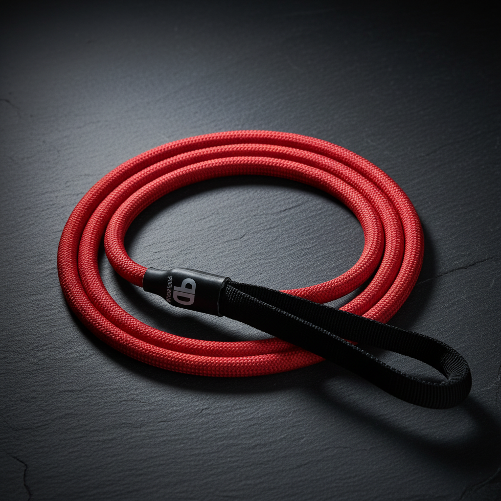 Red nylon slip lead with black handle and metal clip, coiled view