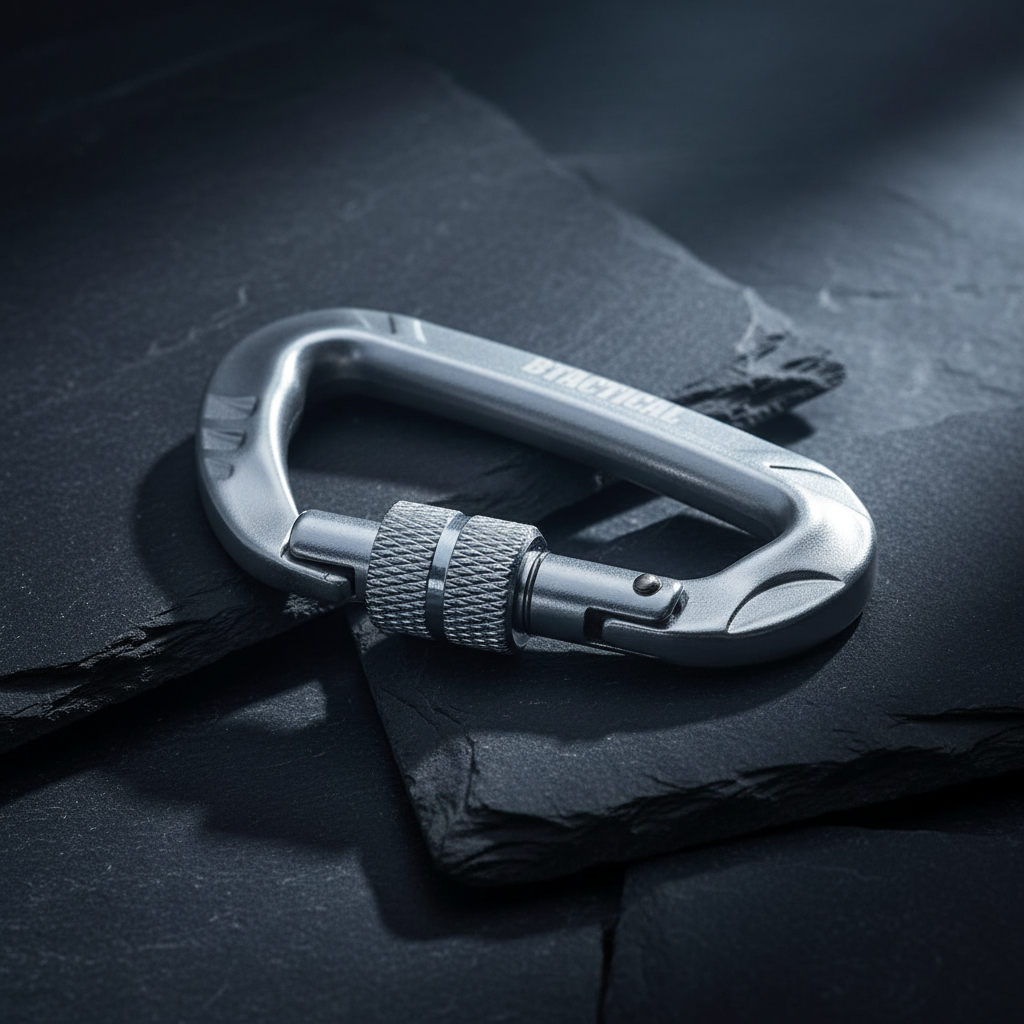 Aluminum carabiner clip with screw pin and textured grip, silver