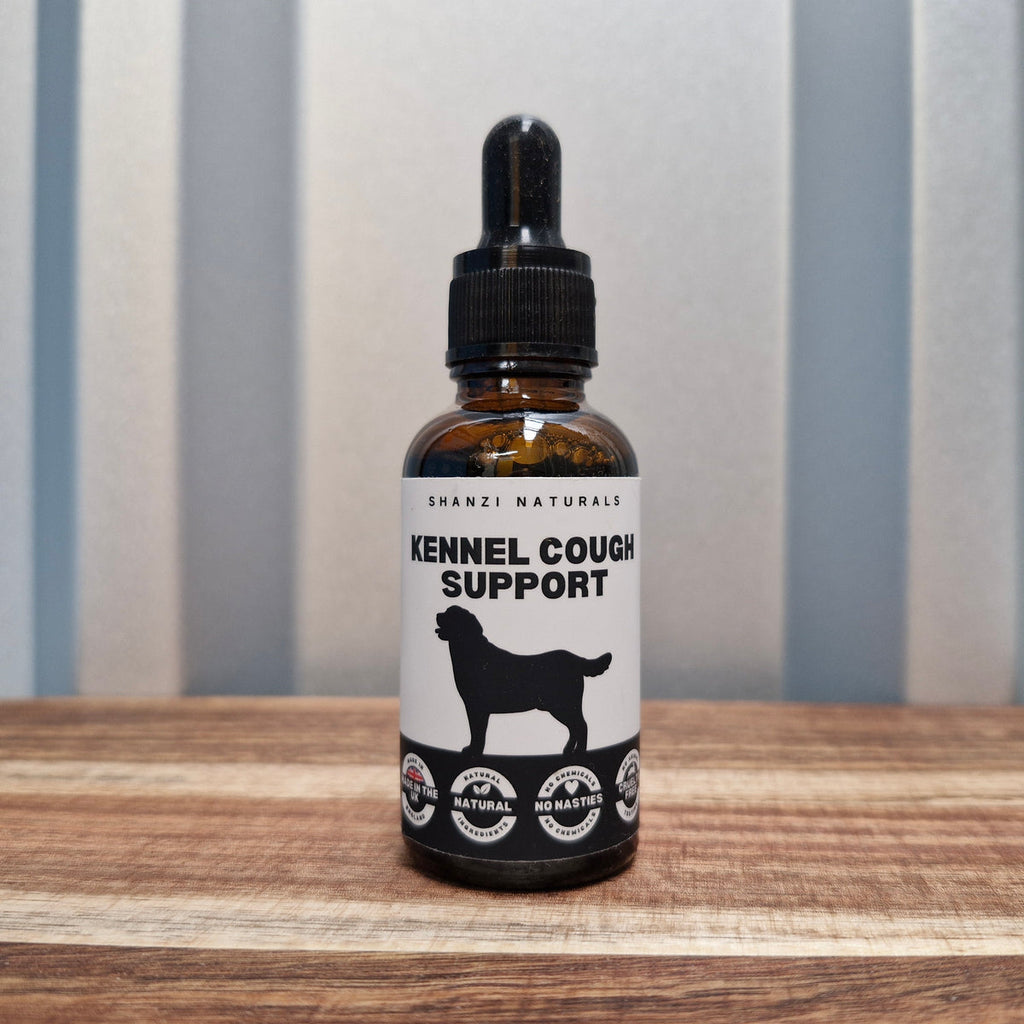 Amber glass dropper bottle with black cap, Kennel Cough Support label