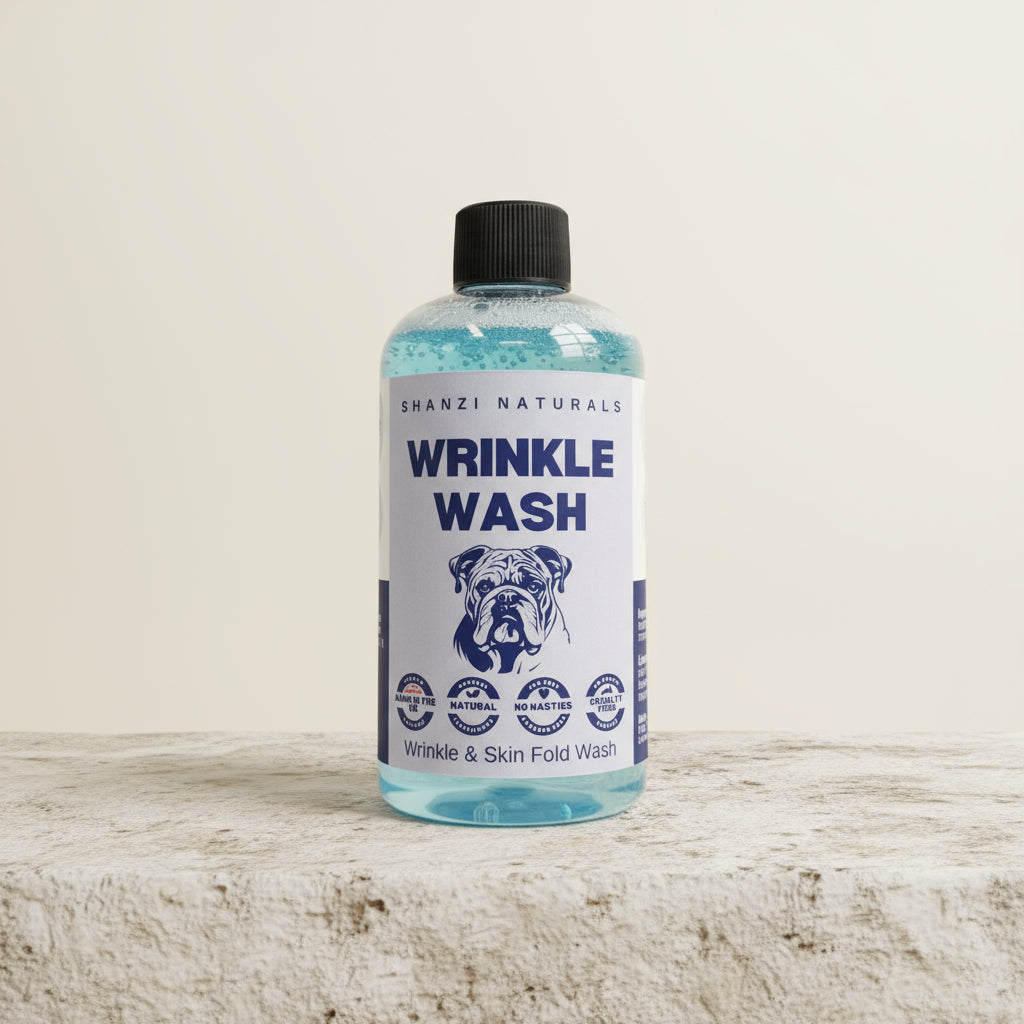 Wrinkle wash bottle with black cap and blue label, shown upright on a surface