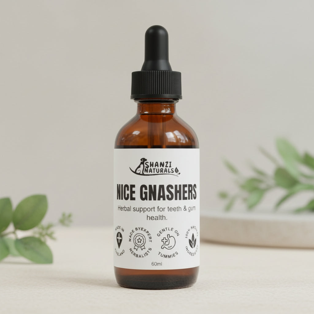 Amber glass dropper bottle with black cap and oral hygiene formula label