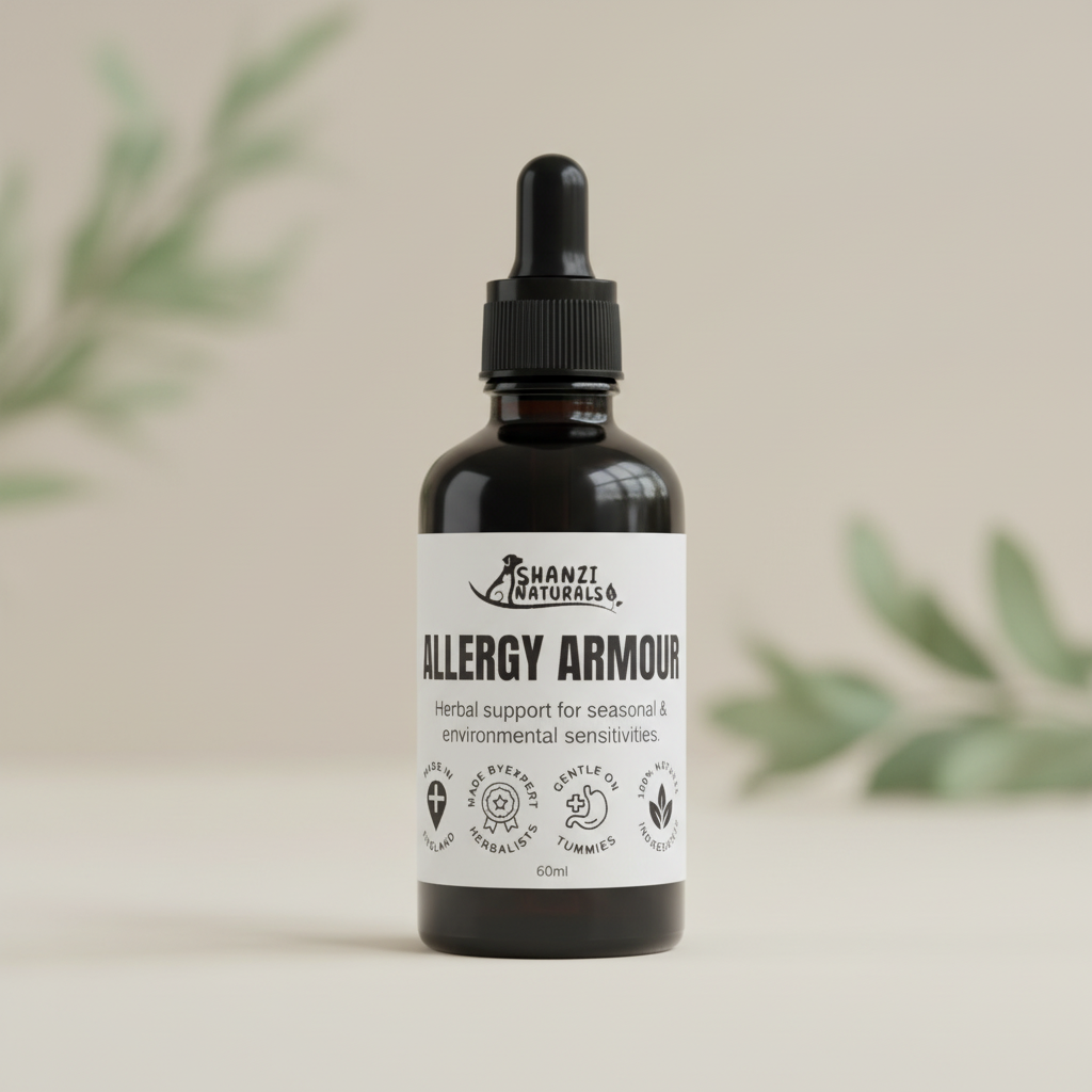 Allergy Armour herbal tincture bottle with black dropper, 60ml amber glass