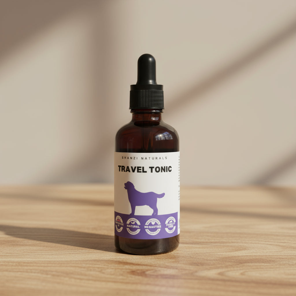 Travel Tonic tincture bottle with dropper, amber glass and black cap, label facing