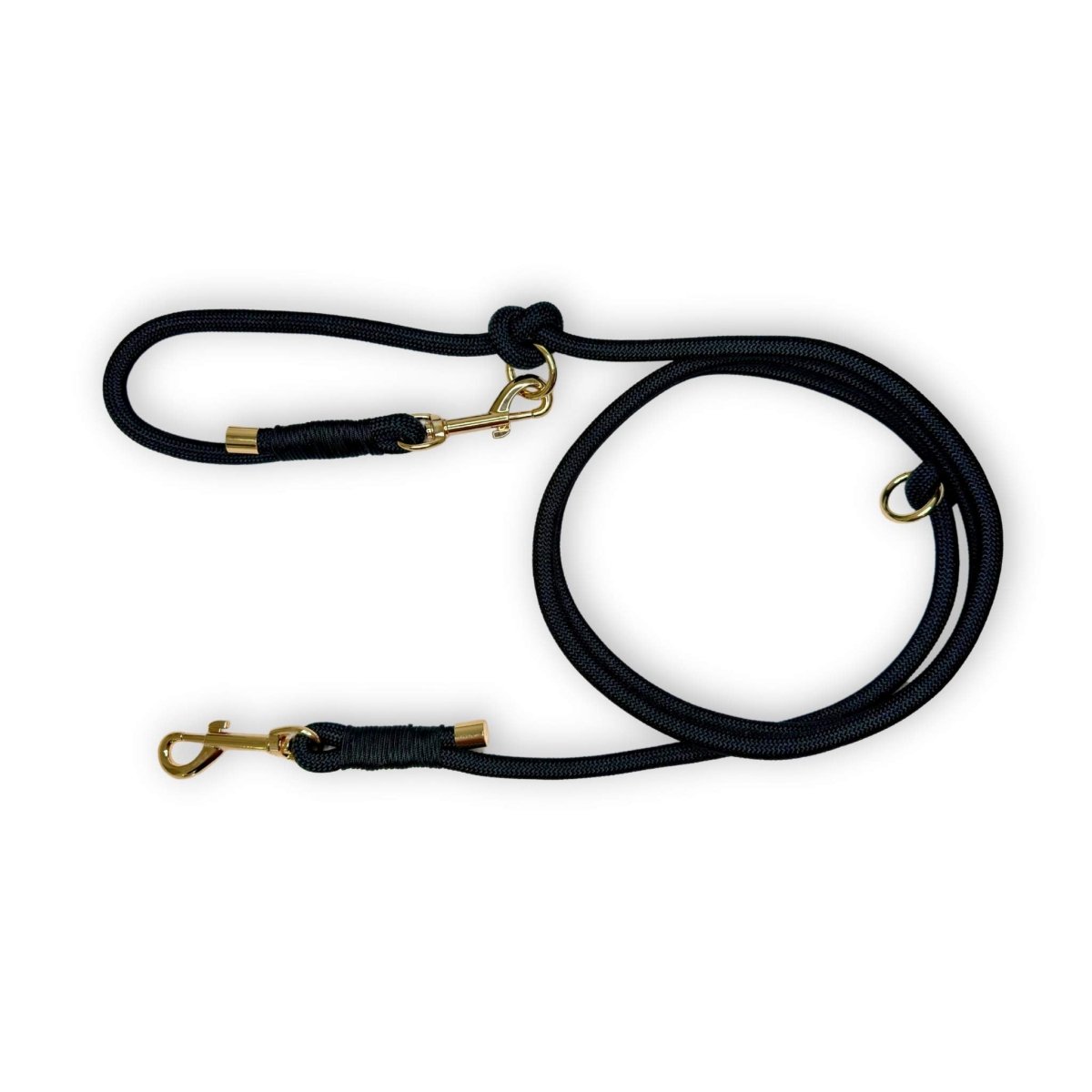 Black rope dog lead with gold clasp, swivel ring, and matching loop handle