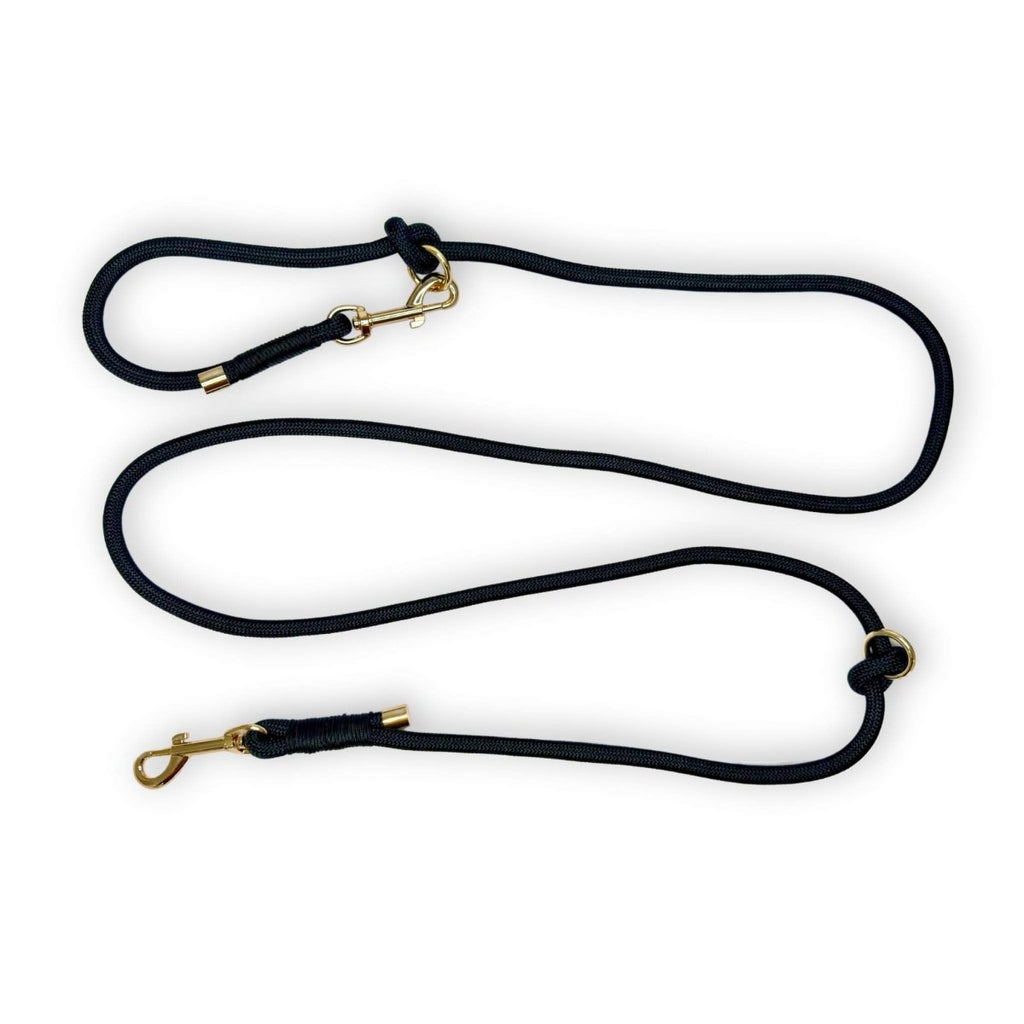 Black rope dog lead set with gold hardware and connected leash segments