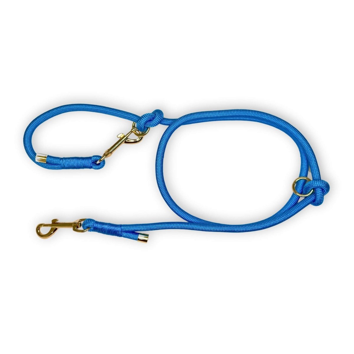 Blue braided rope dog lead with brass snap hooks and connected loops