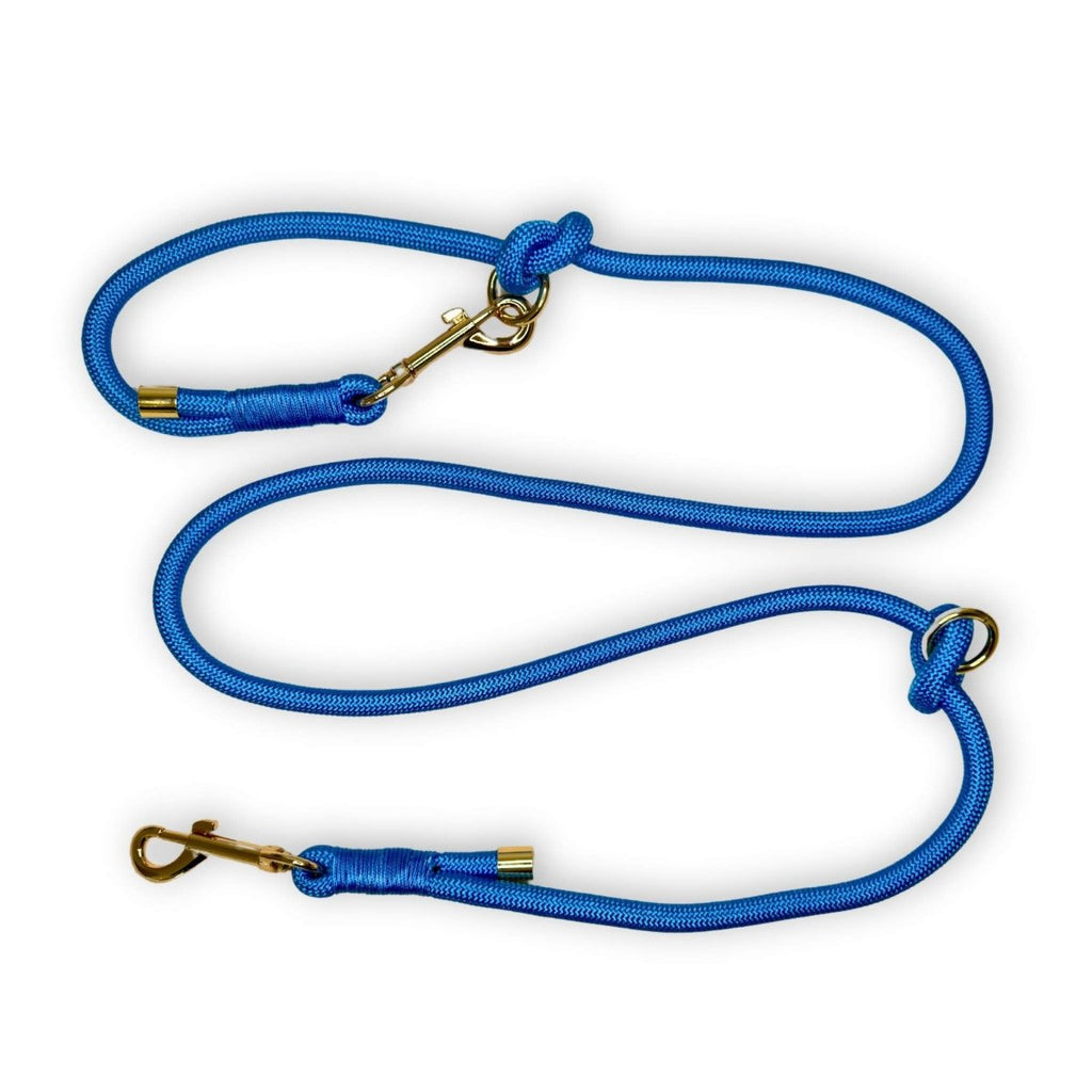 Blue braided rope dog lead with brass clasp at end and braided handle loops