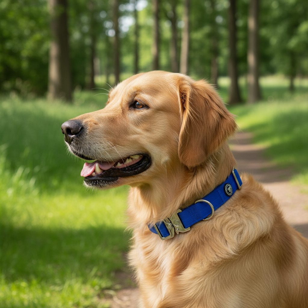 Dog wearing a royal blue tactical dog collar with metal buckle