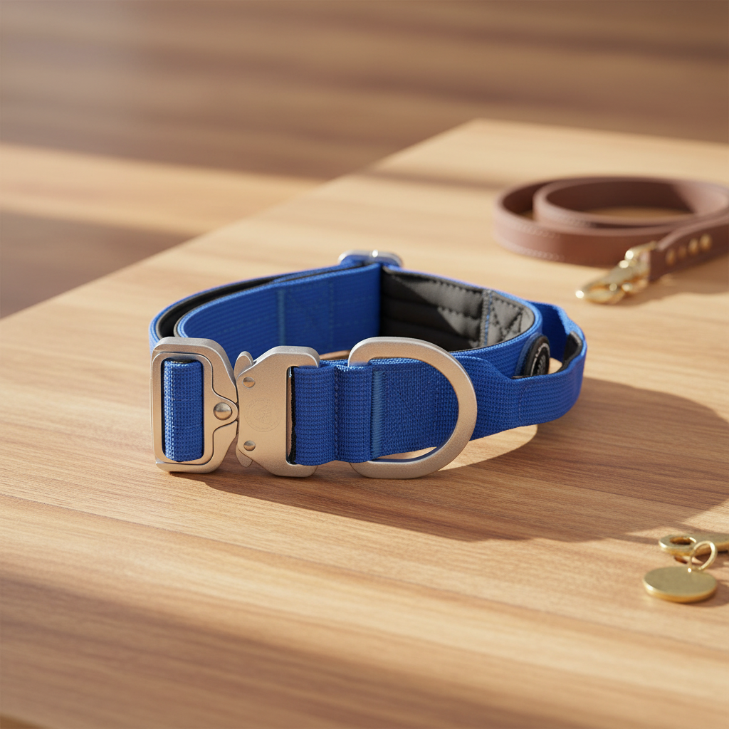 Blue tactical dog collar with metal buckle and handle