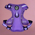 Lilac pet harness with front chest strap, black buckle hardware, and reflective stripes