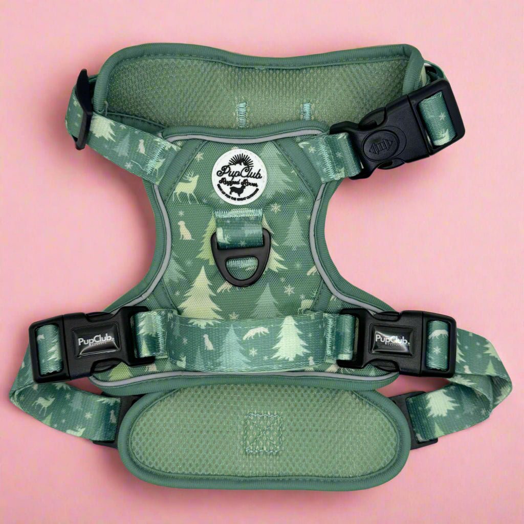 Green evergreen trails dog harness with front straps and padded chest panel