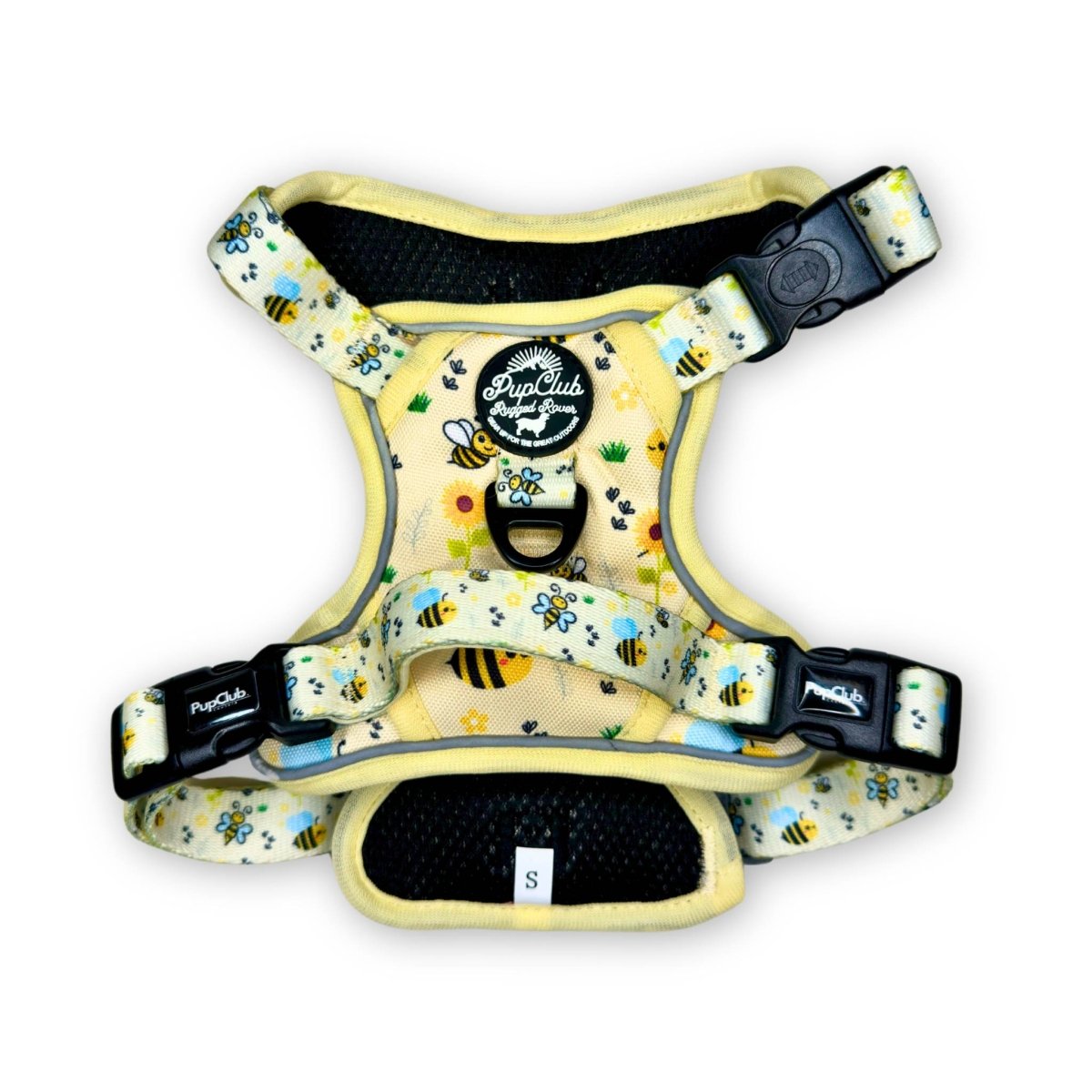 Dog harness vest with handle, pale yellow bee print and adjustable black side straps