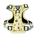 Dog harness vest front, pale yellow with bee print, black mesh belly panel and side straps