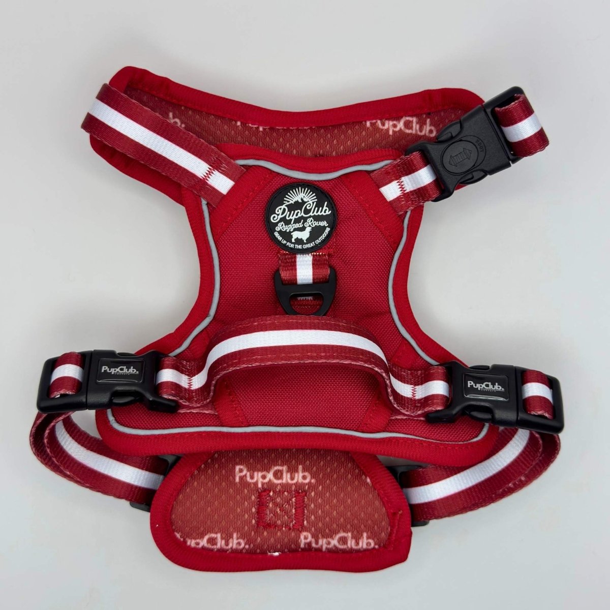 Berry red dog harness with striped shoulder straps and black buckles