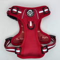 Berry red dog harness with front chest strap and black buckle, striped webbing