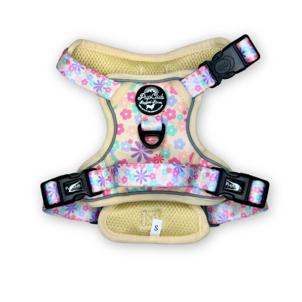Back view padded dog harness with floral print, mesh belly panel, and black adjustable buckles