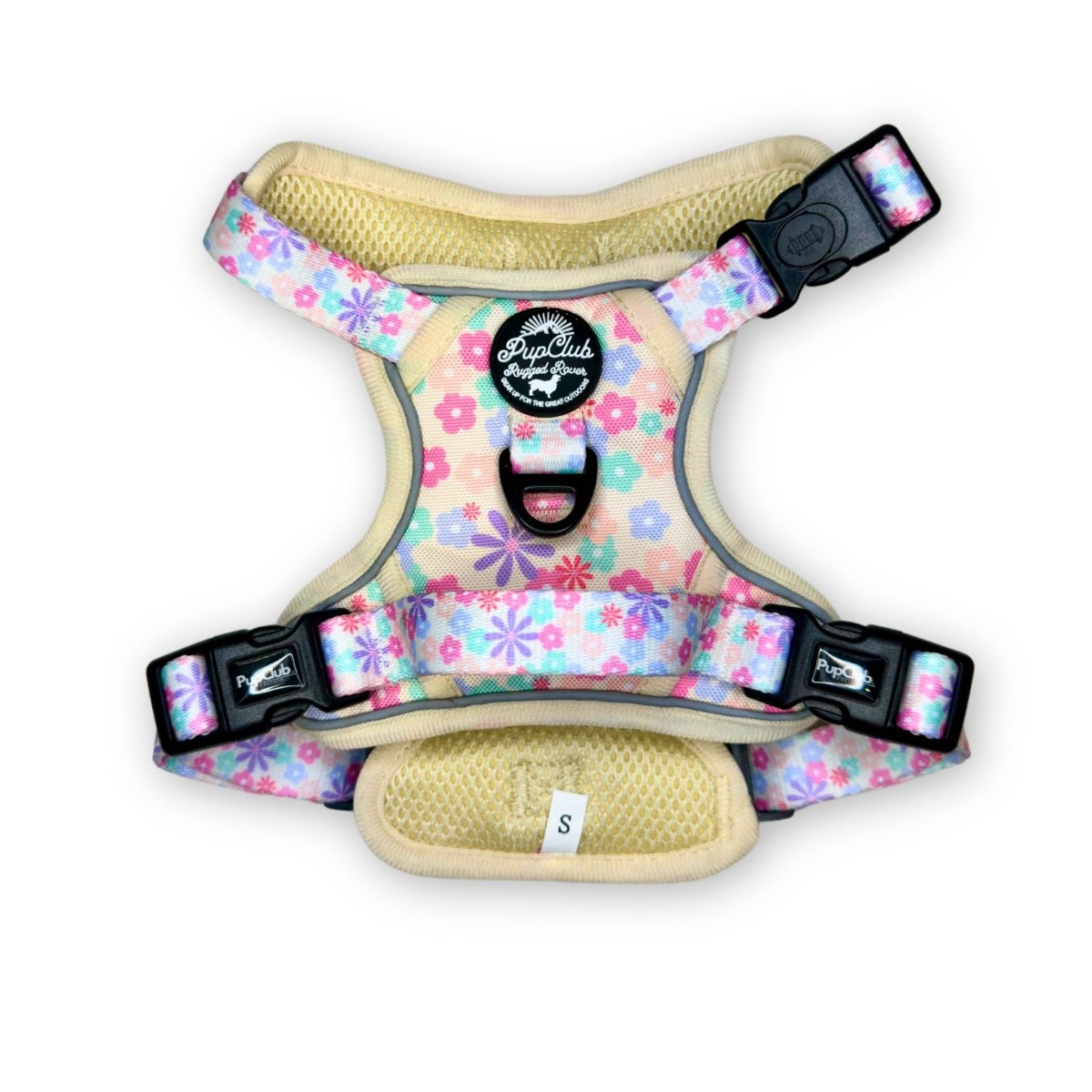 Back view padded dog harness with floral print, mesh belly panel, and black adjustable buckles
