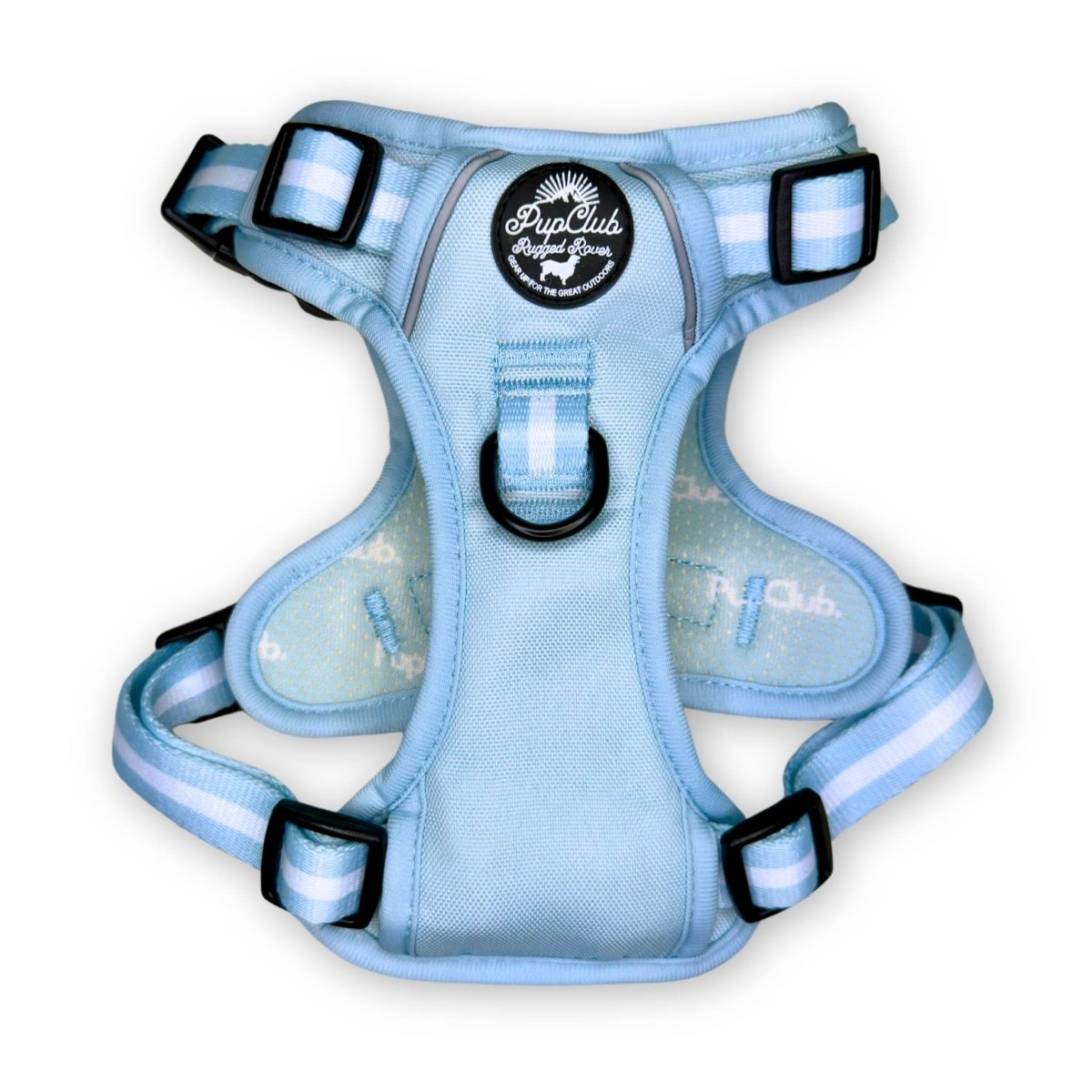 Pastel blue dog harness, front view with padded chest panel and black buckle closures